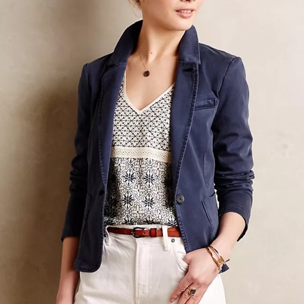 womens cartonnier anthropologie navy blue long sleeve blazer jacket size xs
